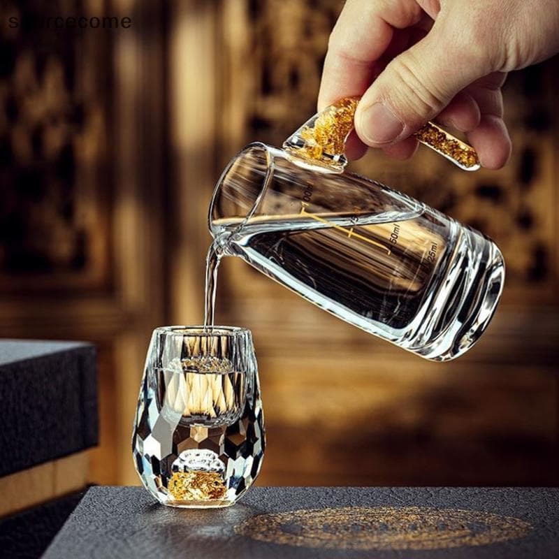 [sourcecome] Luxo Fundo Duplo Cristal Vodka Saquê Vidro Folha De Ouro Licor Xícara De Chá Presente Boutique