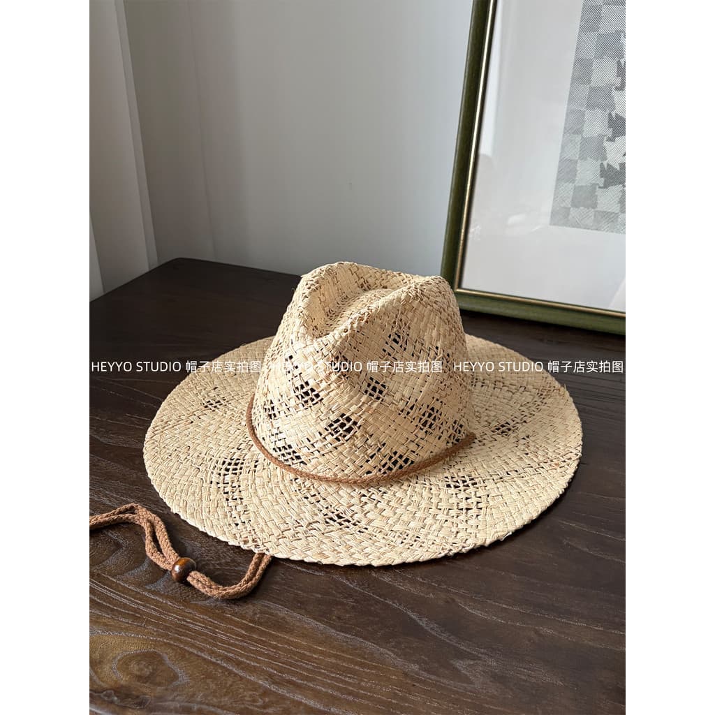 Francês solto sentir oco panamá chapéu de palha feminino verão férias viagem ráfia chapéu de sol luz Retro chapéu de Cow