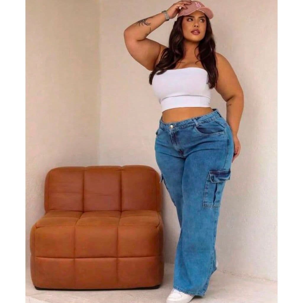 Calça Jeans Cargo Plus Size Wide Leg Cintura Alta Lavagem Azul Clara