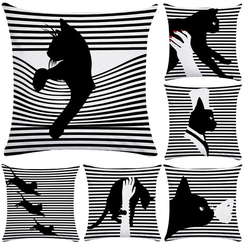 Nordic simples preto branco abstrato gato fronha sofá travesseiro bonito listrado gato saco de cabeceira cuco Chen capa