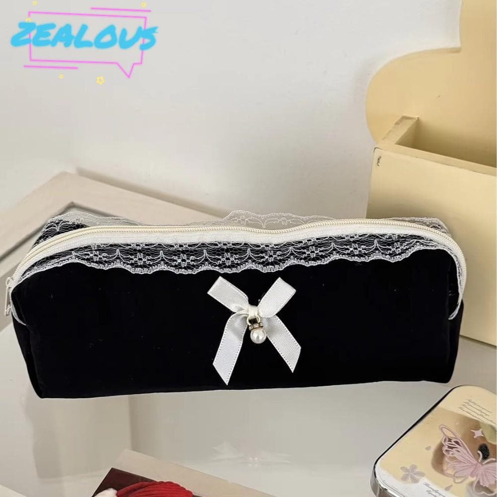 Sacos De Lápis ZEALOUSSS , Preto De Grande Capacidade , Saco De Armazenamento De Papelaria Acolchoado De Renda