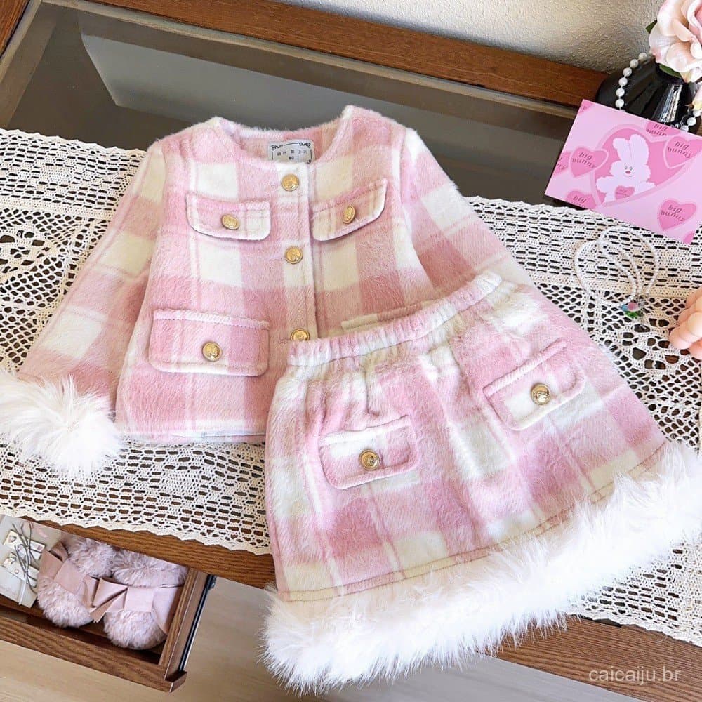 Bear Leader Outono E Inverno Novo Pescoço Redondo Xadrez Impresso Meninas Cardigan Jaqueta + Saia Conjunto De Duas Peças