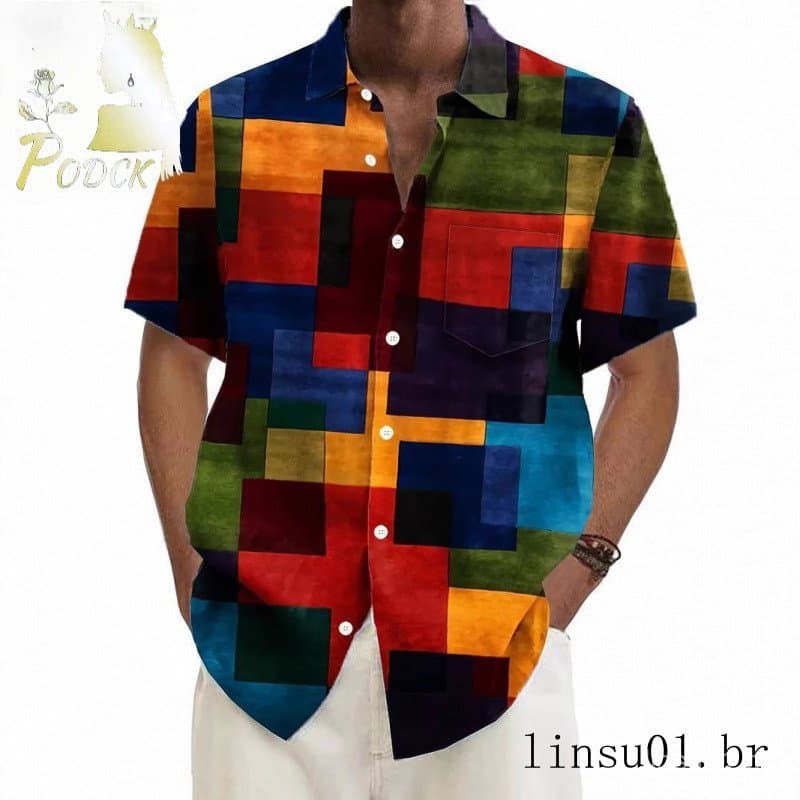 Europeu americano 3d Digital camisa masculina verão novo estilo All-Match xadrez camisa de manga curta Plus Size masculi