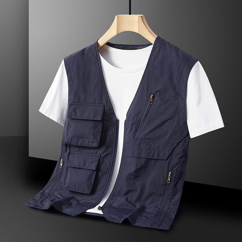 Primavera outono novo estilo colete masculino Casual Multi-bolso cor sólida colete fino ao ar livre de secagem rápida ja