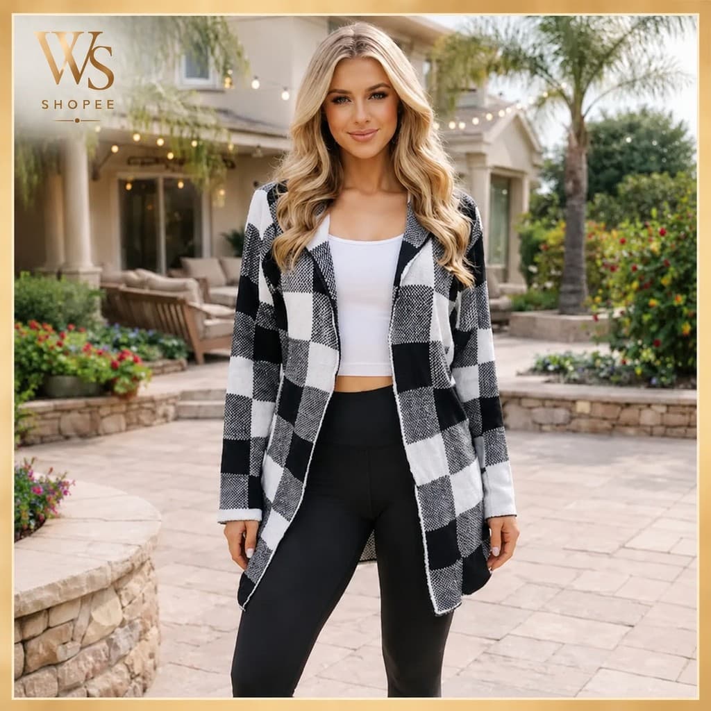 Casaco Feminino Tricô Xadrez Cardigan Manga Longa Kimono Elegante Inverno Sobretudo Feminino Quente e Confortável