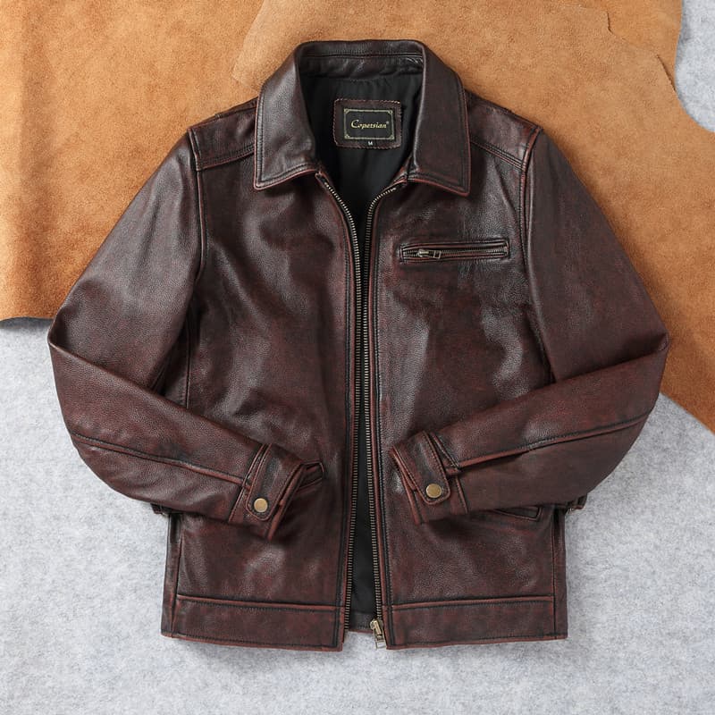Novo estilo 1930 Vintage pedra moagem angustiado primeira camada de couro genuíno jaqueta masculina lapela curta jaqueta
