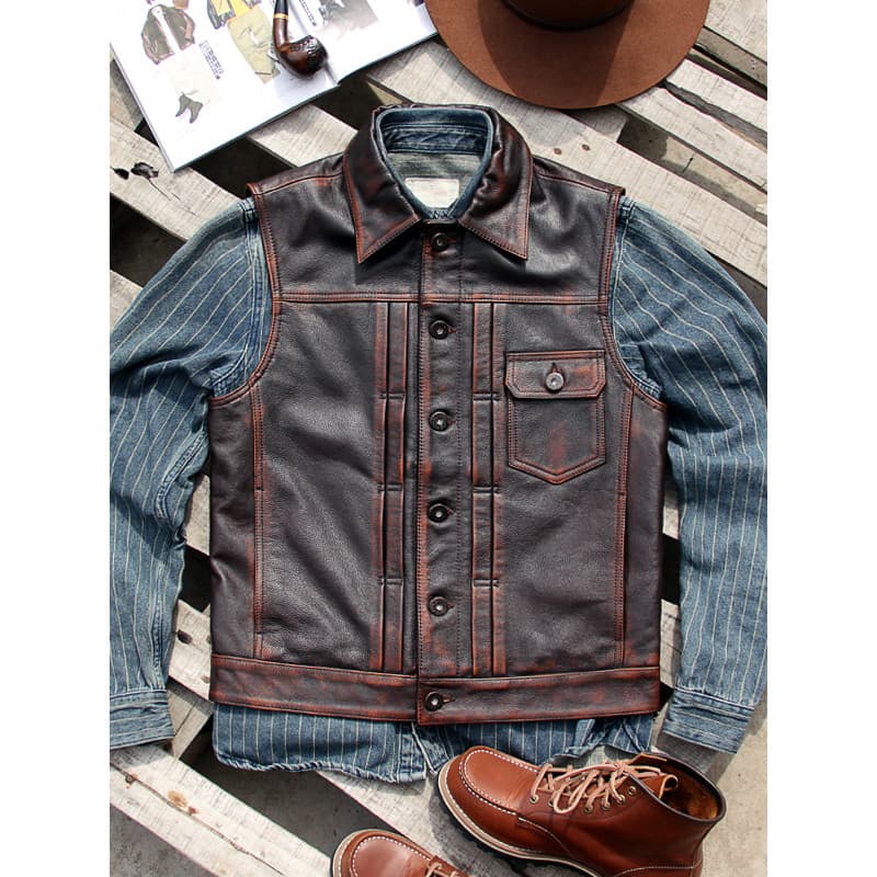 Japonês Retro polido cor angustiado primeira camada de couro genuíno colete masculino Denim motocicleta colete colete na