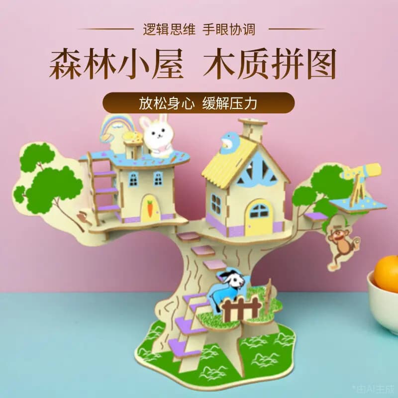 Nova casa da floresta casa na árvore amor casa modelo montagem 3D artesanal de madeira tridimensional quebra-cabeça cria