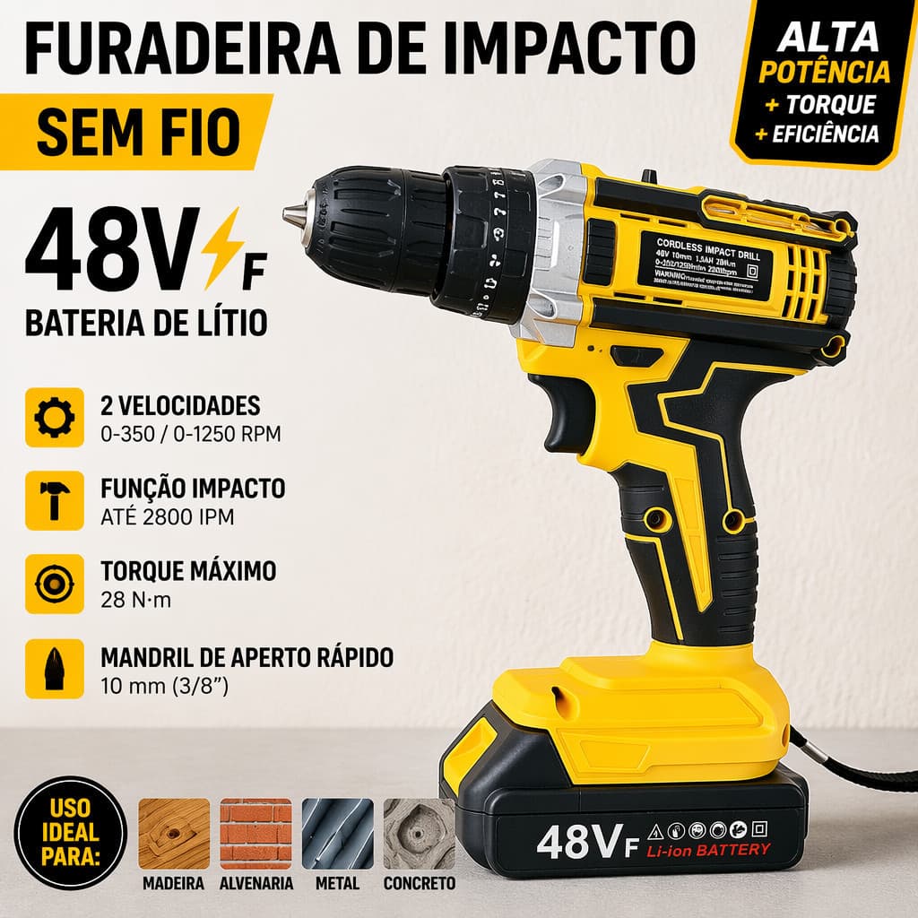 Parafusadeira Furadeira Sem Fio 48V Íon Lítio, Torque Ajustável, Duas Velocidades, Kit com Bateria e Carregador