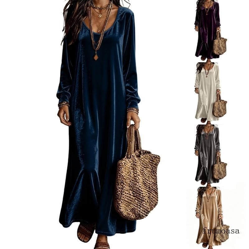 Fru Vestido Feminino Comprida Redonda casual Festa Casamento Bolso