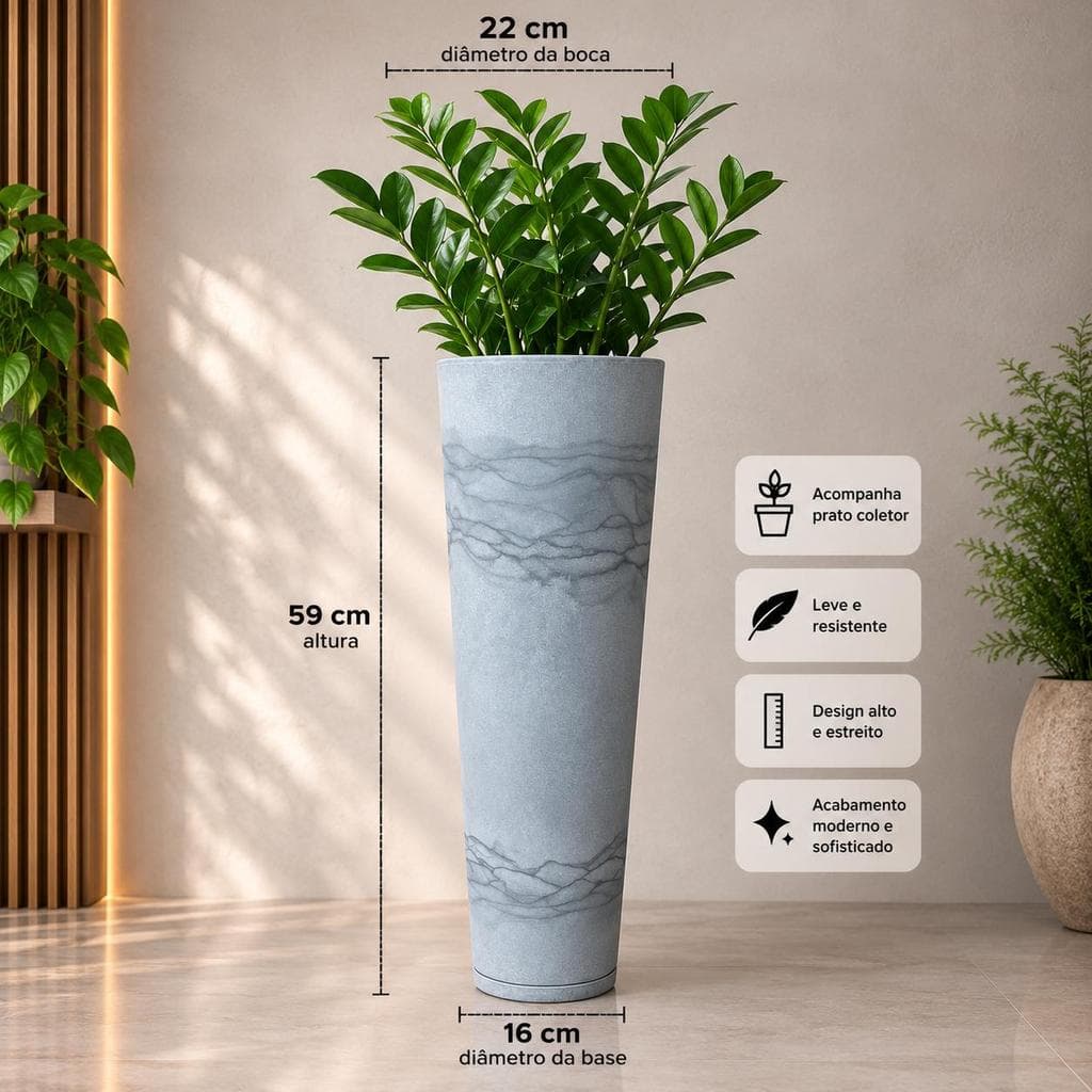 Vaso Cone Slim 59cm para plantas com coletor, modelo decorativo para ambientes internos