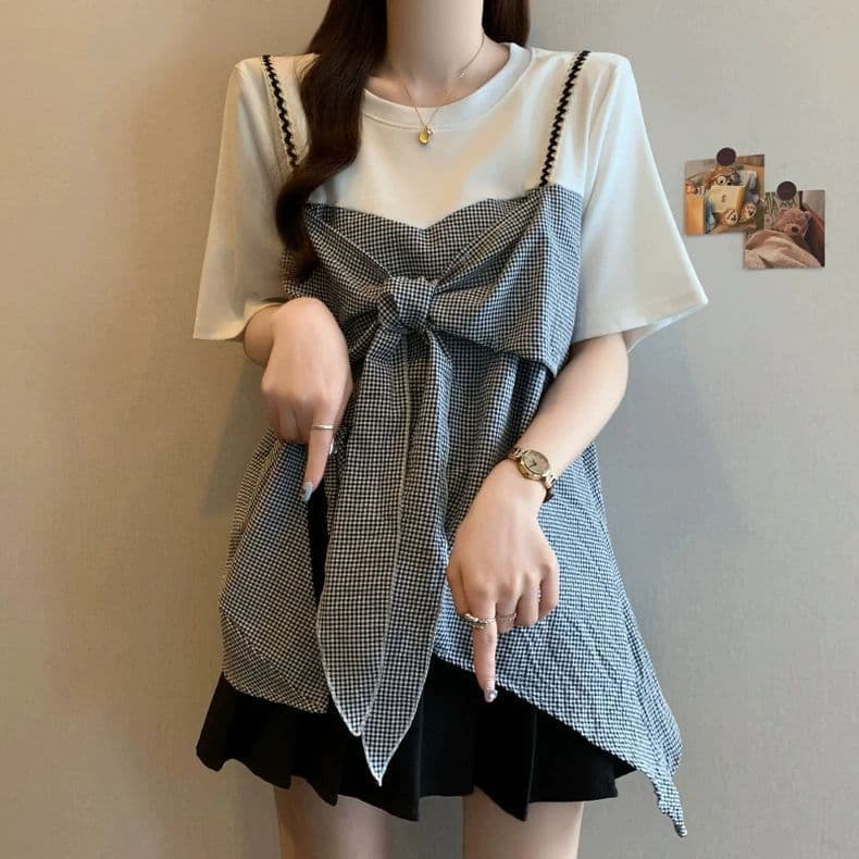 Novo estilo Plus Size roupas femininas gordura mm verão Design de moda sentimento solto mais magro olhar topo Bowknot fa