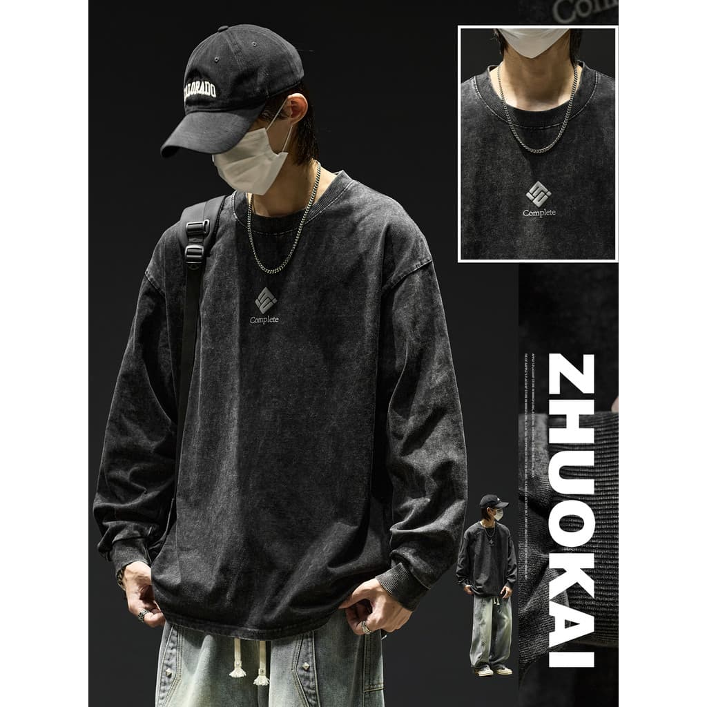 Camiseta masculina de manga comprida de algodão puro pesado estilo outono desbotamento roupas desgastadas meninos outono