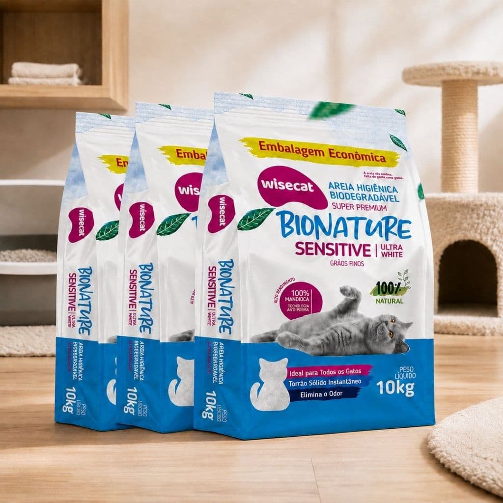 Kit 3 Areia Sanitária De Mandioca Grãos Finos Para Gatos Biodegradável Wisecat 30kg