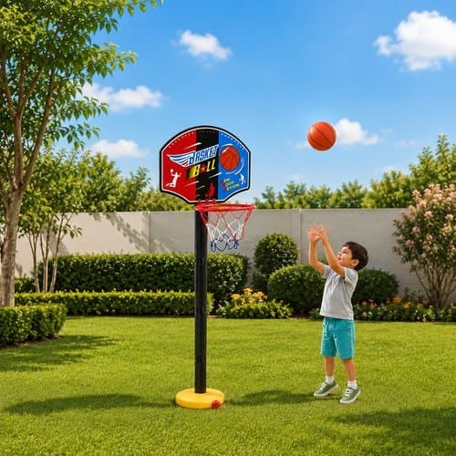 Kit Infantil Basquete Conjunto Bola Cesta Bomba Ar Tabela Rede Base Ajustável Jogos Esportivos