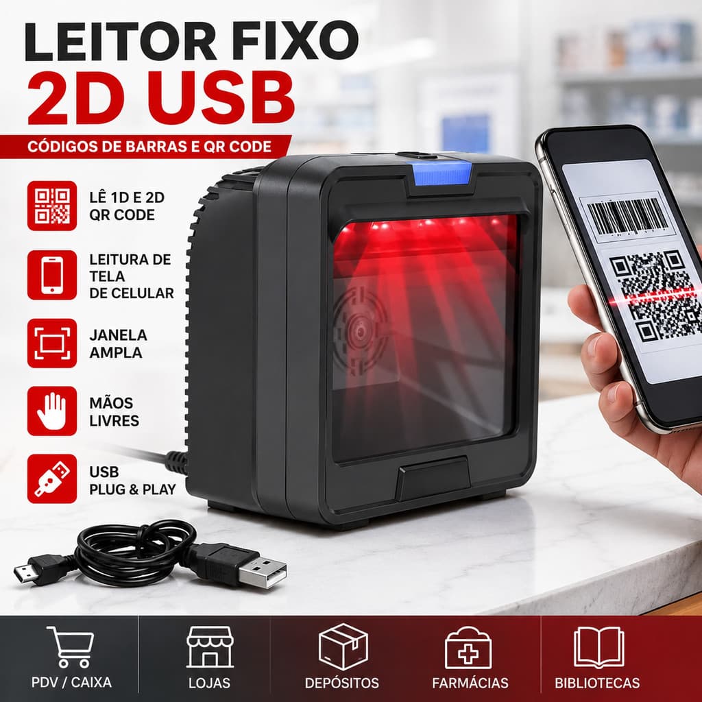 Scanner Leitor de Código de Barras 1D 2D QR Code Fixo USB Mãos Livres para Caixa PDV