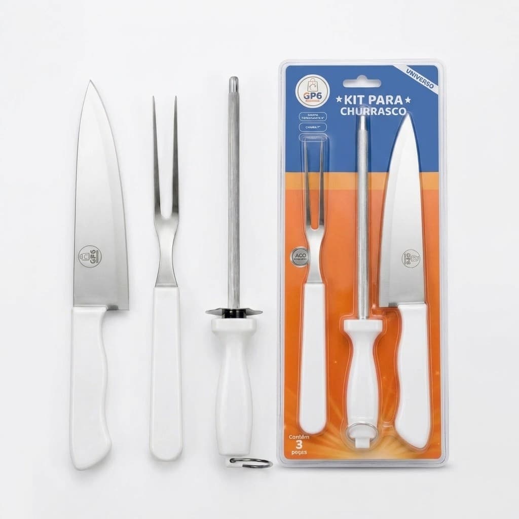 Kit De Churrasco 3 Peças Faca Garfo Chaira