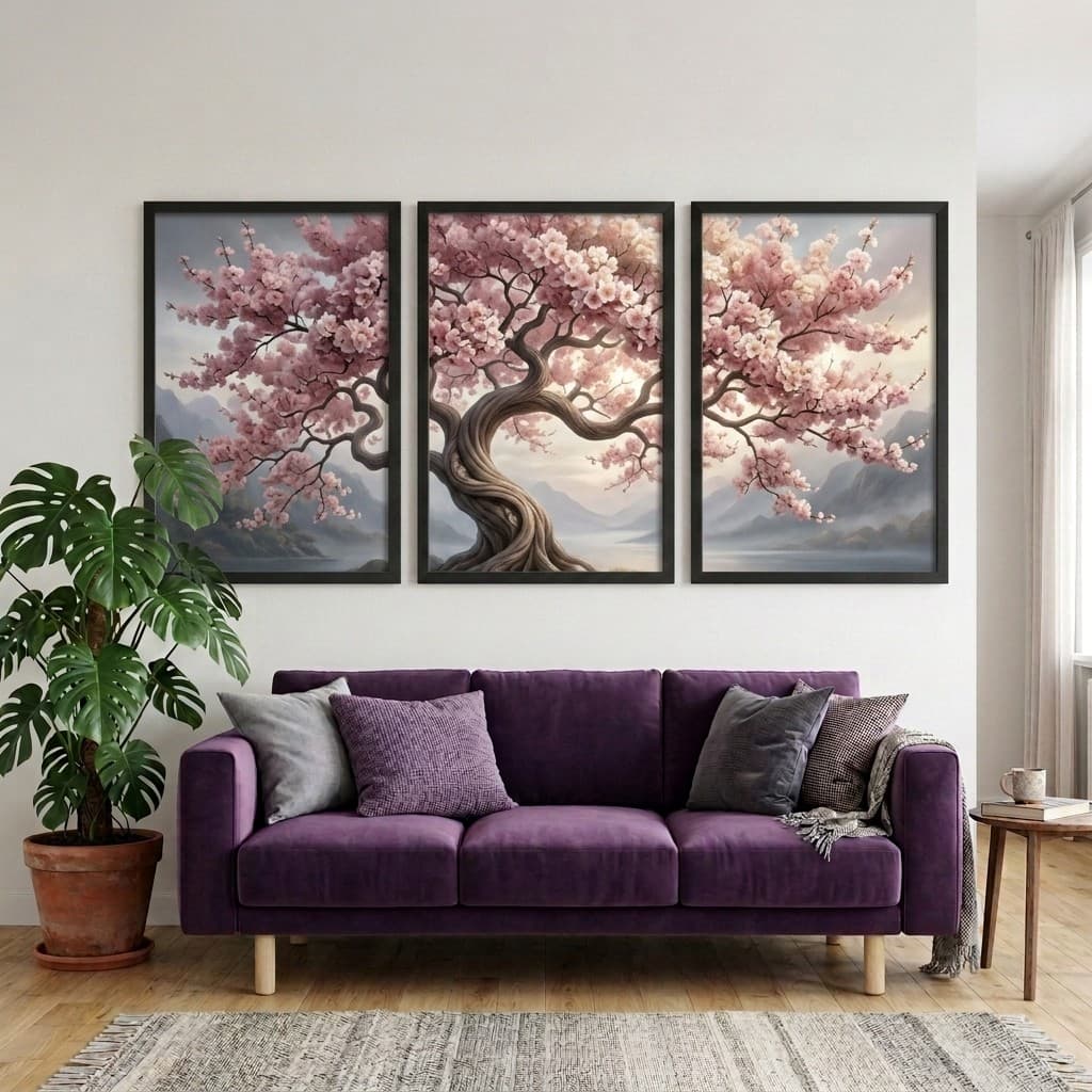 Kit 3 Quadros Decorativos Cerejeira Rosa Árvore da Vida 40x60 Mosaico Floral Moderno para Sala Quarto