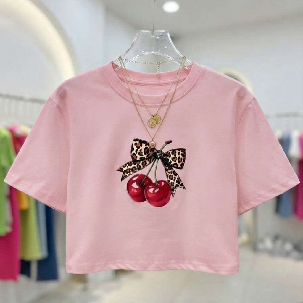 Cropped Feminino Estampado Cereja Laço Onça Algodão Blusinha Fashion Estilosa Moderna Elegante