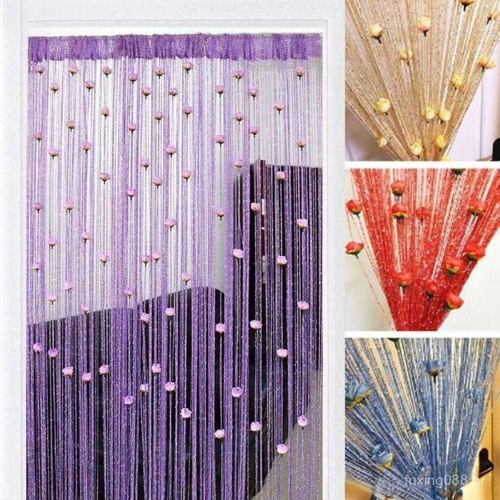 Cortina De Porta CABEZA , Corda De Flor Rosa Divisor De Quarto De Cor Sólida Janela Com Borla Brilhante De 1 * 2M