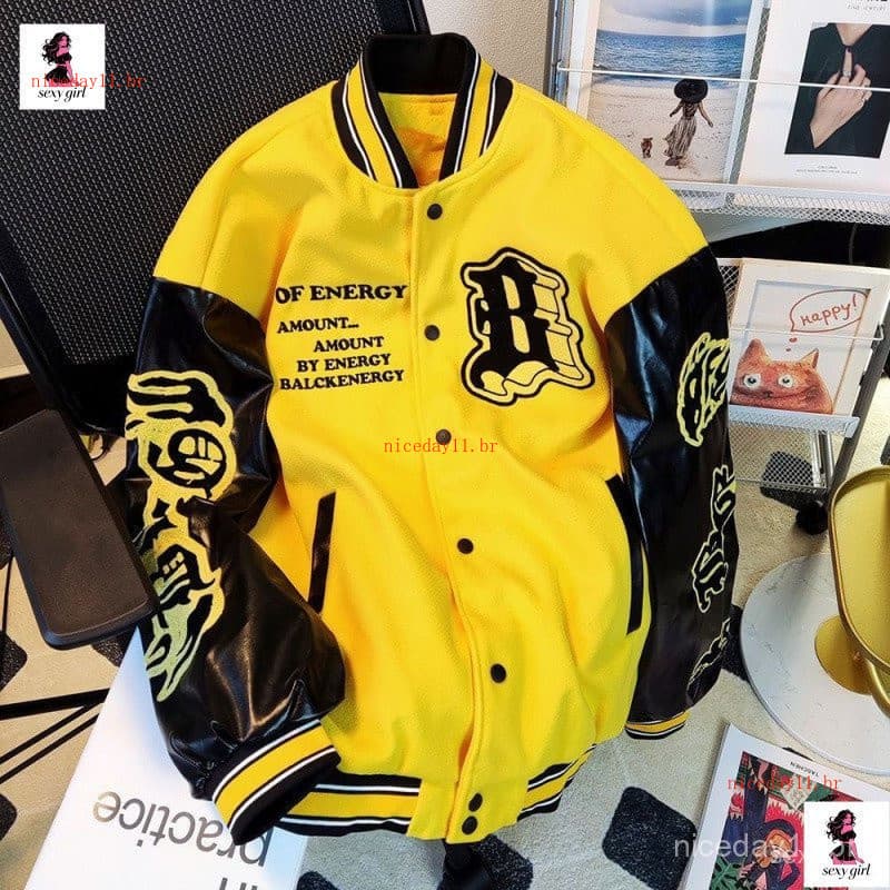 Jaqueta vintage de beisebol com mangas de couro bordadas, corte solto, MOFO MNFC
