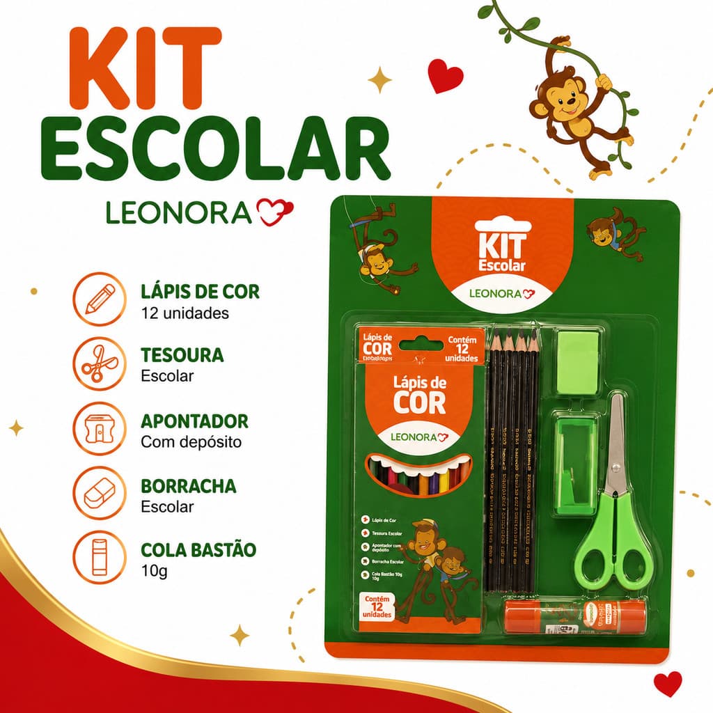 Kit Material Escolar 20 Peças - 12 Lapis de Cor 4 Lapis grafite HB Apontador Tesoura e Borracha -s - Leonora-Papelaria