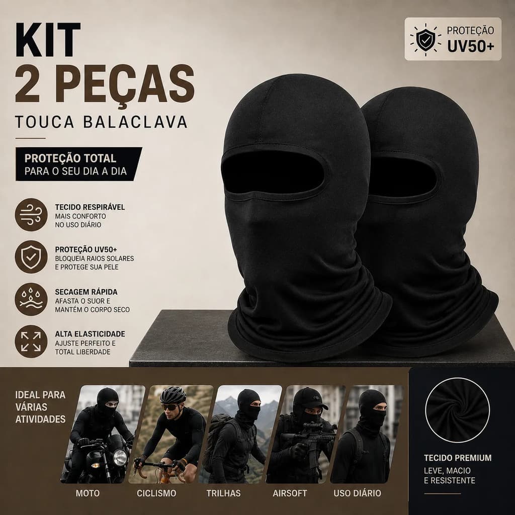 Kit 2 Balaclava Térmica Moto Bike Proteção Uv50+ Respirável