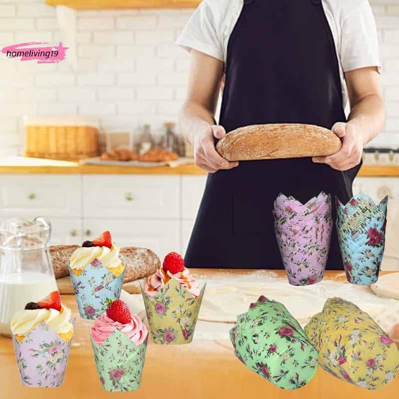 HOM 50 Peças Padrão Floral Tulipa Muffin Cupcake Copos De Papel À Prova De Óleo Forro De Cupcakes Para Assar Copo Suport
