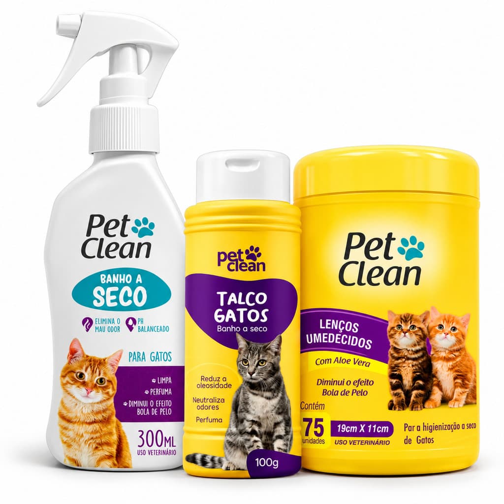 Kit Banho A Seco Gatos Pet Clean Talco Lenço 75un 300ml + Talco 100g + Lenços Umedecidos com Aloe Vera