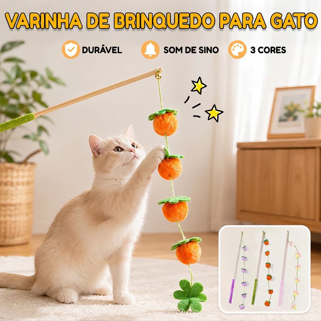 Brinquedo Para Gatos Varinha Interativa Cabo De Madeira Com Guizo 6 Bolinhas De Feltro Frutas Alivia Tedio
