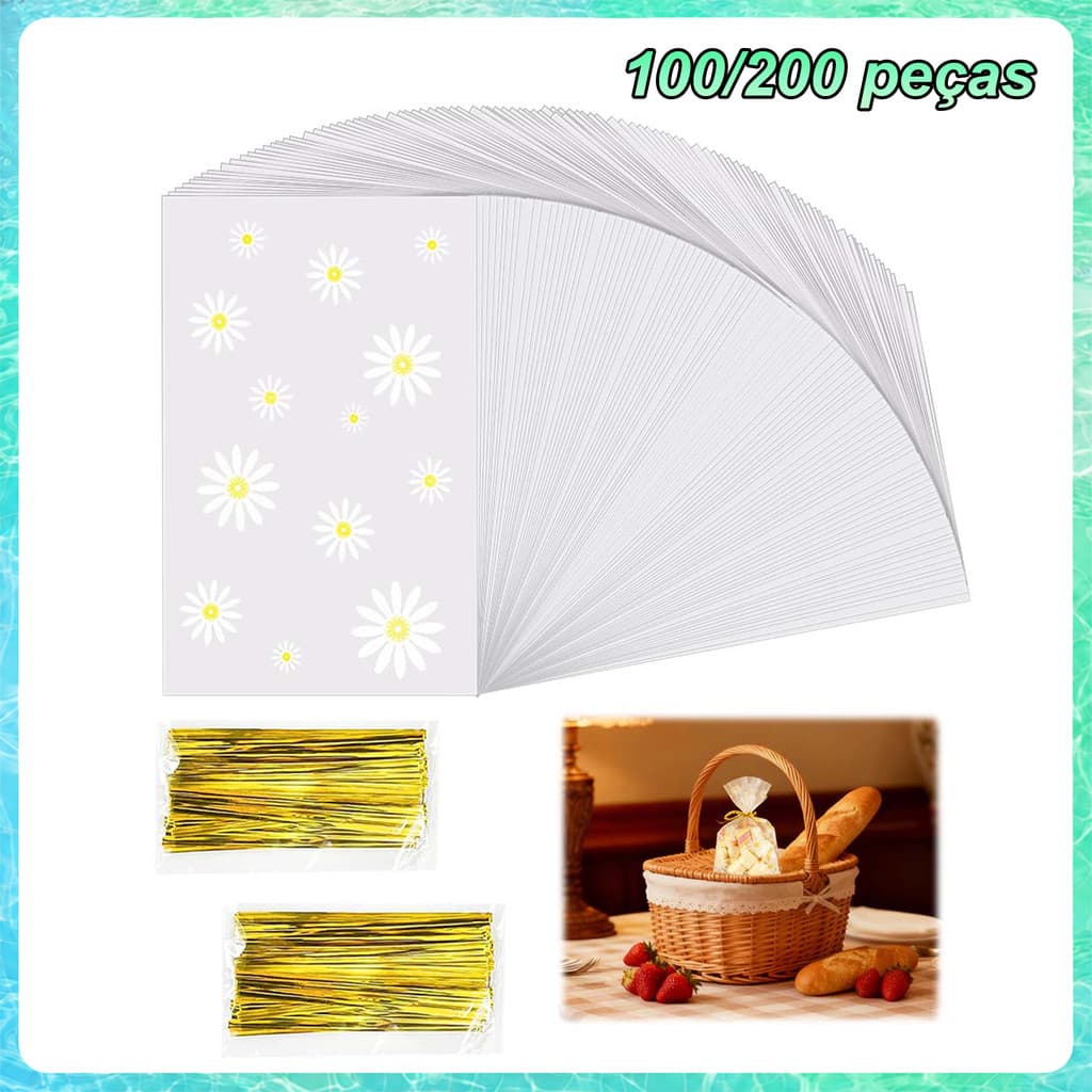 100/200 Peças Sacos de Celofane Transparentes 10x15,5cm com Laços – para doces e biscoitos, aniversário e casamento