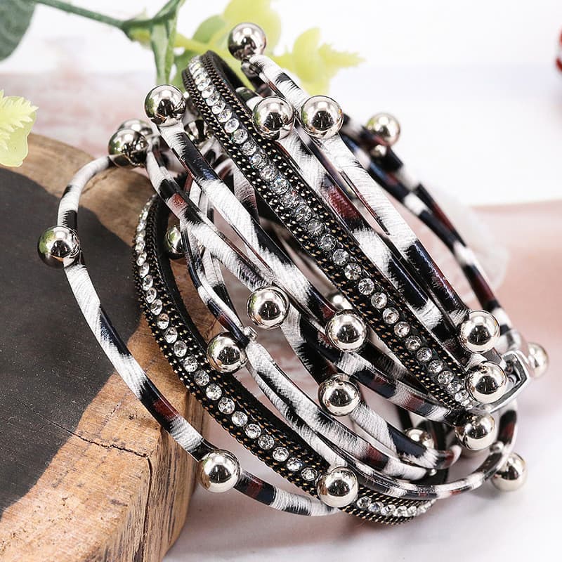 Moda feminina pulseira de couro leopardo impressão diamante pulseira magnética