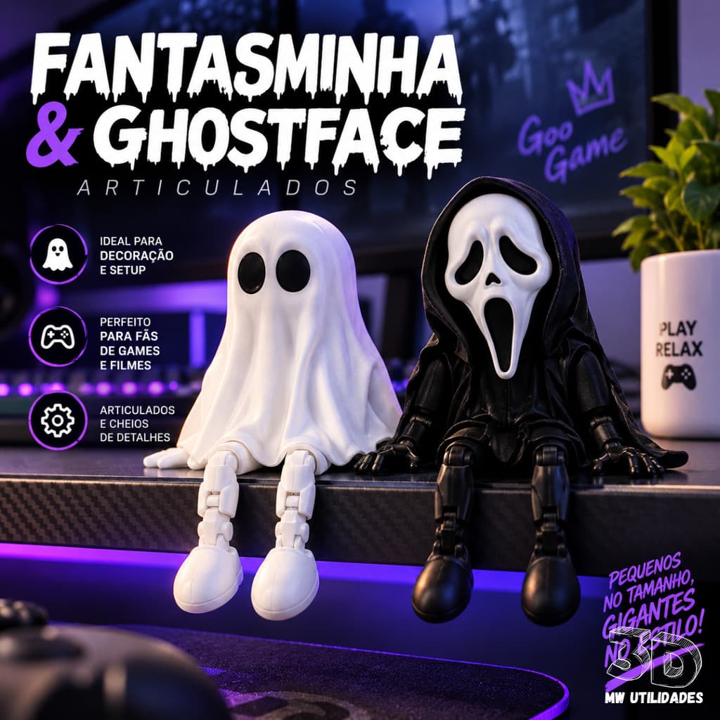 Bonecos Articulados Fantasminha e Ghostface para Gamer e Decoração com Design Detalhado