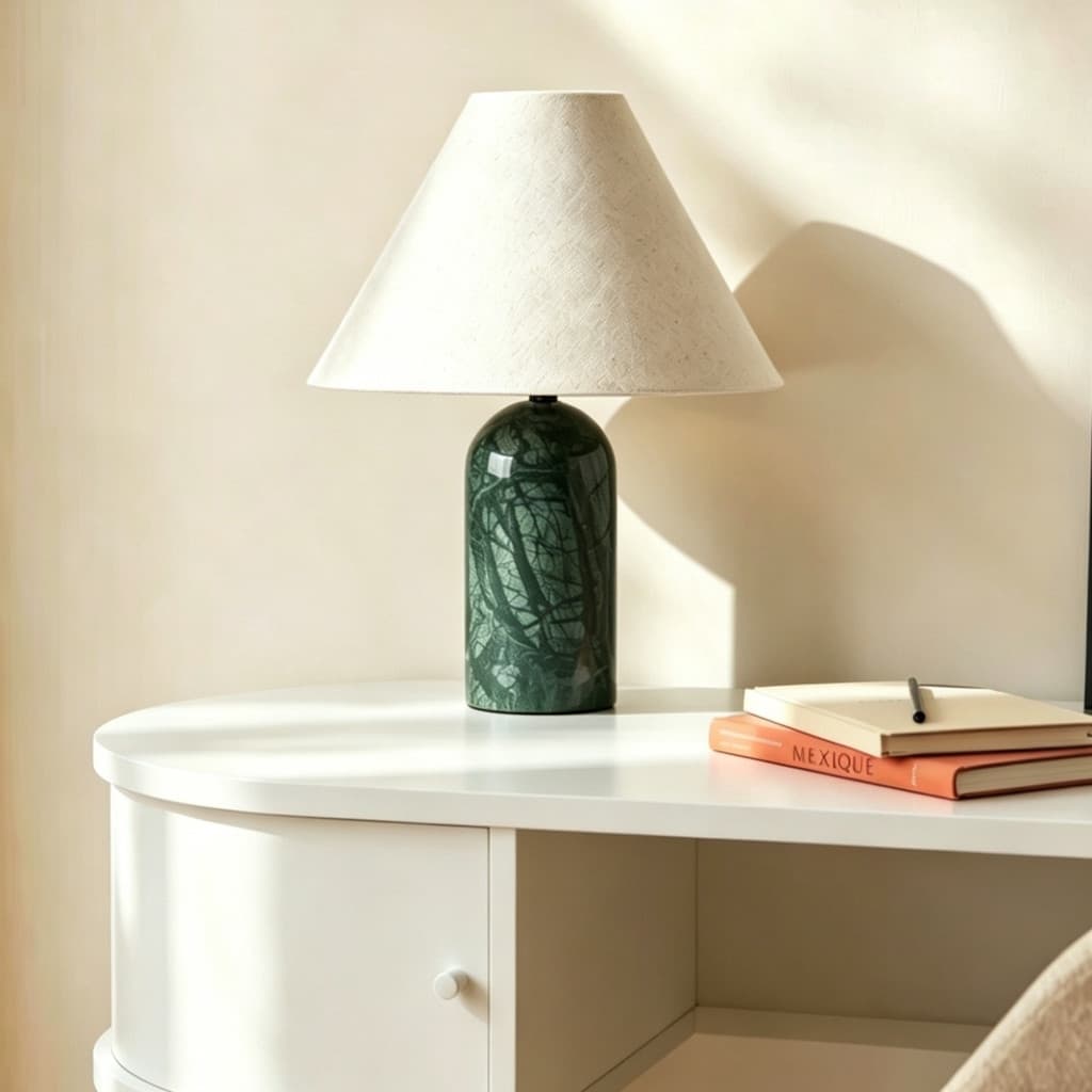 luminária de mesa wabi-sabi minimalista base travertino verde natural abajur tecido bege abajur de mesa LED luz quente l