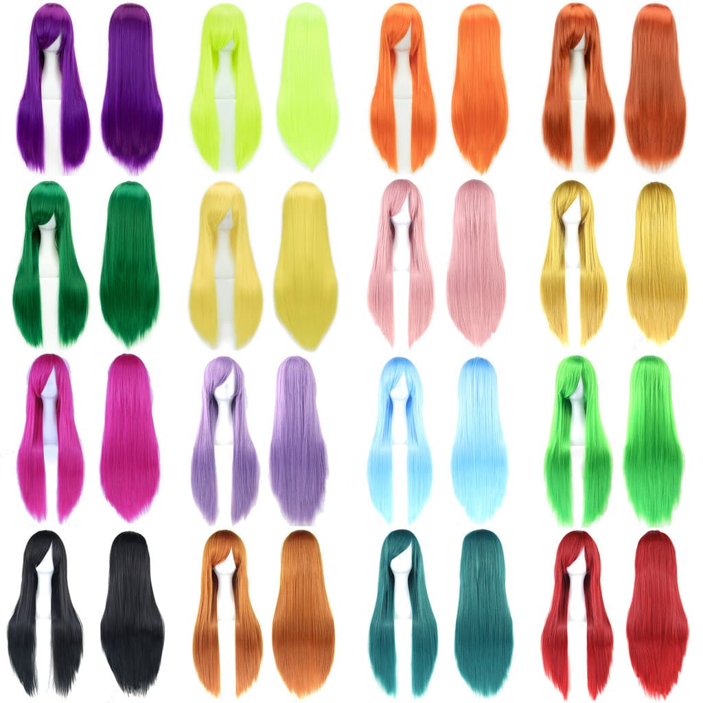 Universal cosplay Anime cos colorido longo cabelo reto chapelaria 80cm peruca de seda de alta temperatura
