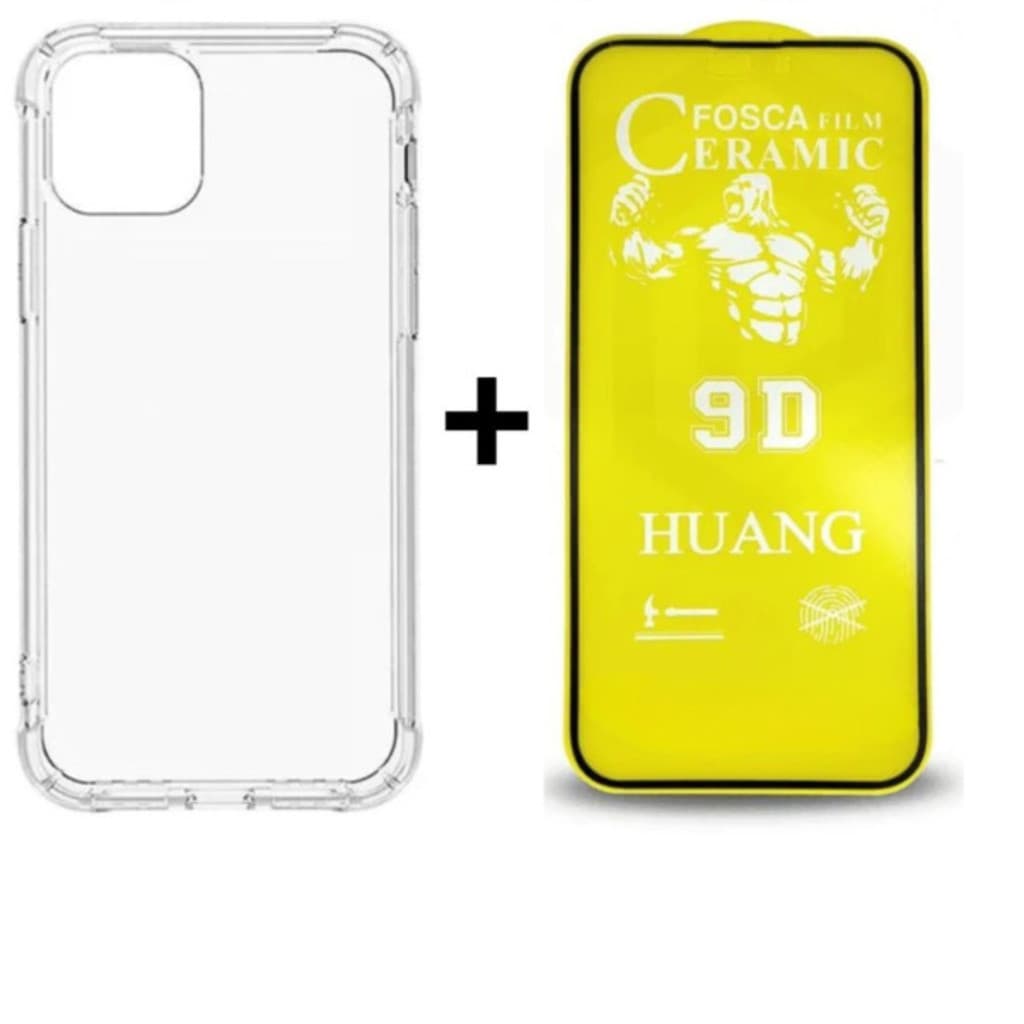 Kit Capa Space + Película Cerâmica Fosca Compatível iPhone 7 8 X XS 11 12 13 14 15 16 Pro Max
