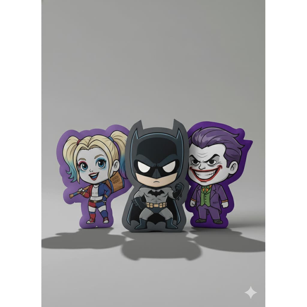 Kit 3 Almofadas Personagem DC Batman, Coringa, Arlequina - Suede Premium Chibi Geek Nerd - Decoraçãp