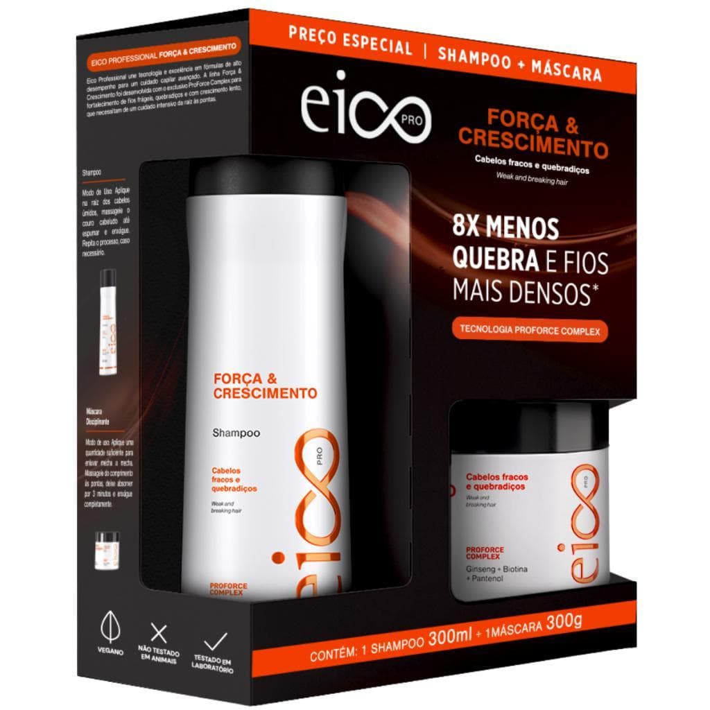 Kit Eico Shampoo 300ml Máscara Tratamento Antiquebra 300ml Força e Crescimento