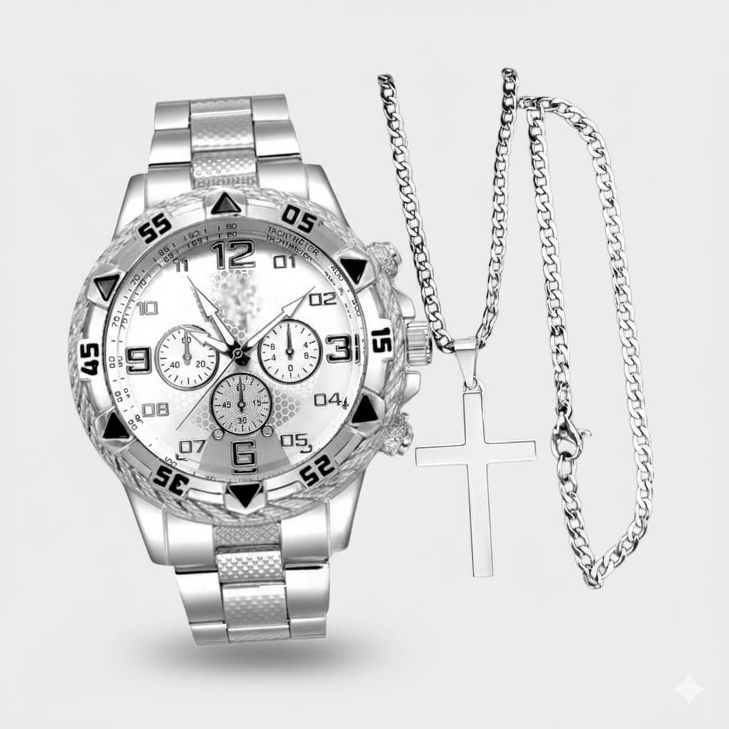 OFERTA Imperdível: Relógio Masculino + Corrente com Cruz e Pulseira, Estilo e Elegância!