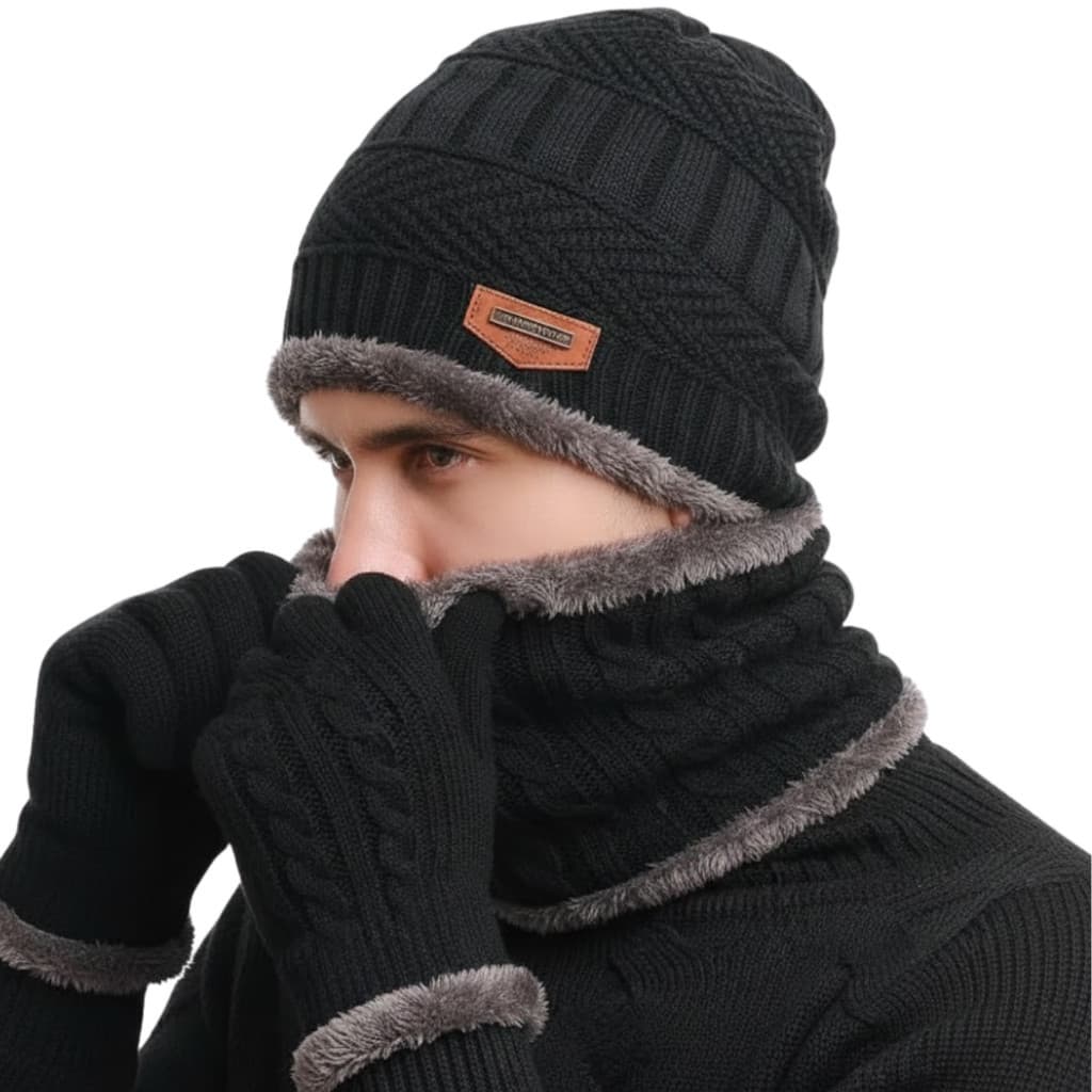 Toca de Frio Touca Gorro + Luva de Frio Touch Screen + Cachecol Feminino Masculino Echarpe