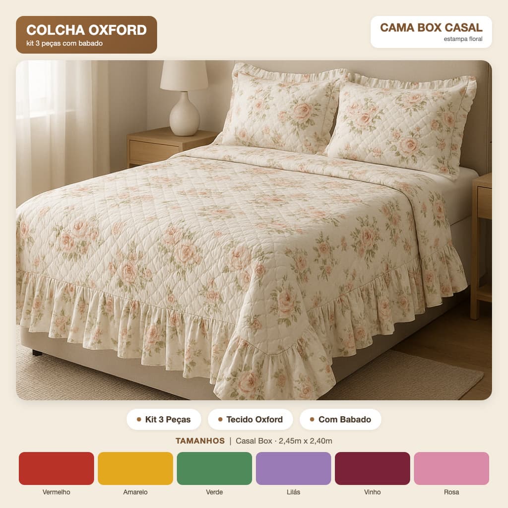 Colcha Casal Cama Box Oxford 3 Peças com Babado Kit Cobre Leito 2,45x2,40 + Fronhas