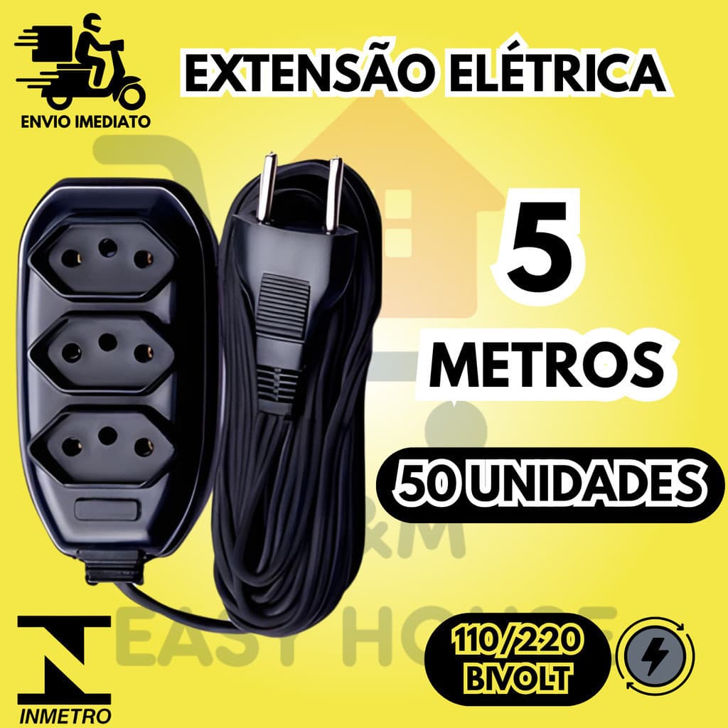 Kit 50 Extensão Elétrica 5 Metros 3 Tomadas Atacado Bivolt 110v 220v Ideal Para Alexa, TV, PC Cabo 5 Metros