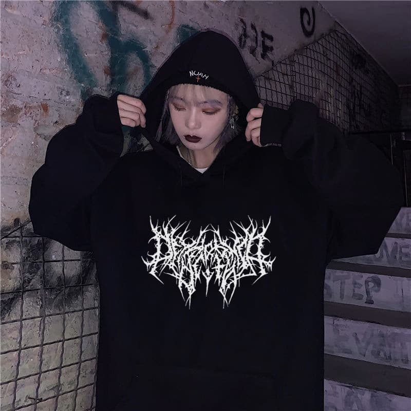 Gótico Oversized Hoodie de manga comprida Harajuku moletom feminino bonito Hip-Hop Retro forro de lã topo roupas feminin