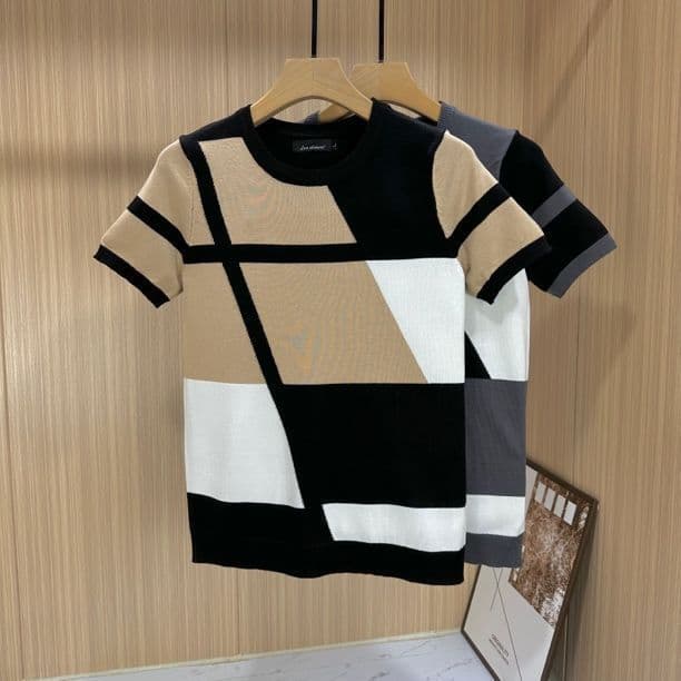 All-Match em torno do pescoço estilo fino fino-ajuste costura contraste cor malha verão novo estilo moda na moda masculi