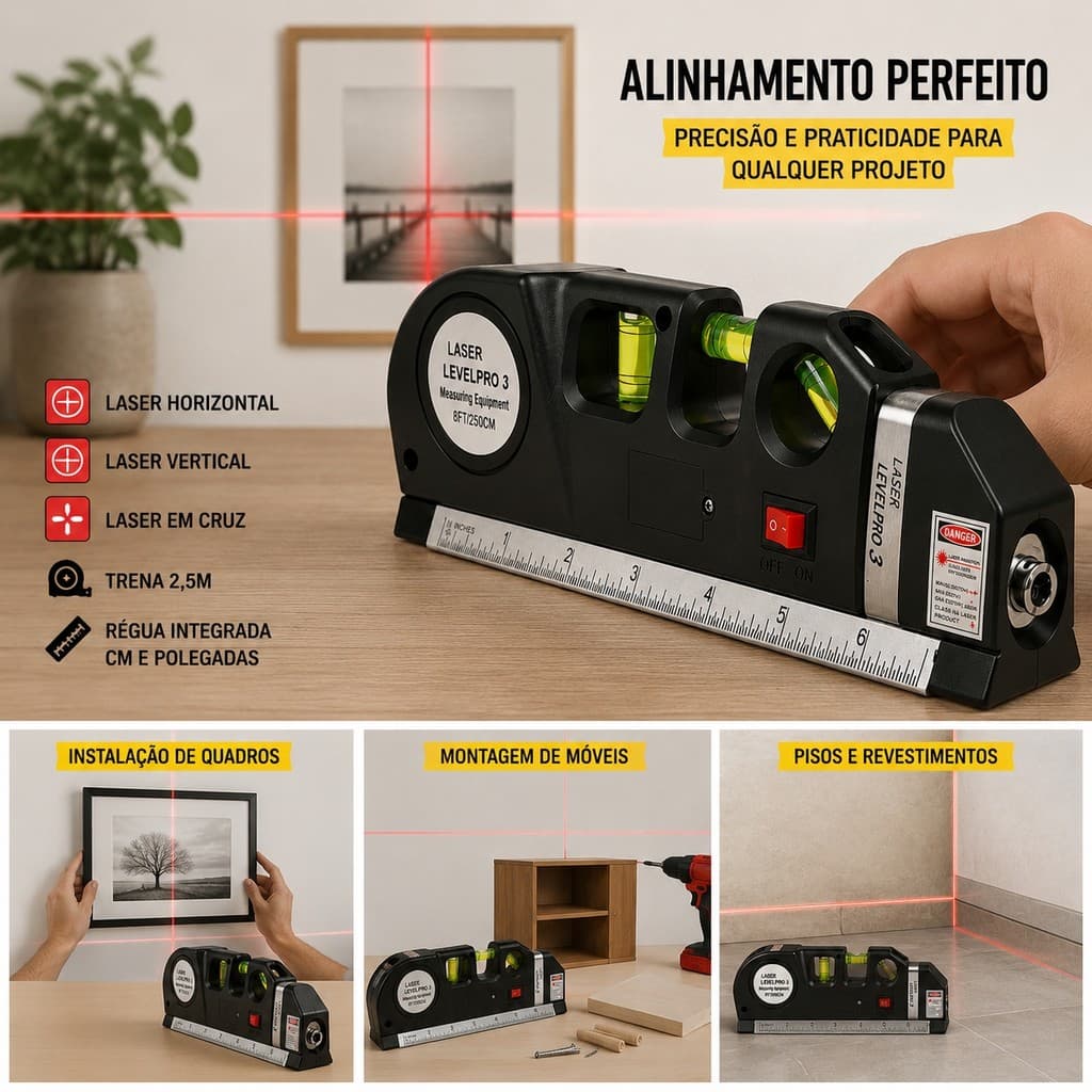 Nível Laser Profissional 3 Bolhas Trena 2,5m Régua Alinhador Horizontal Vertical Cruz