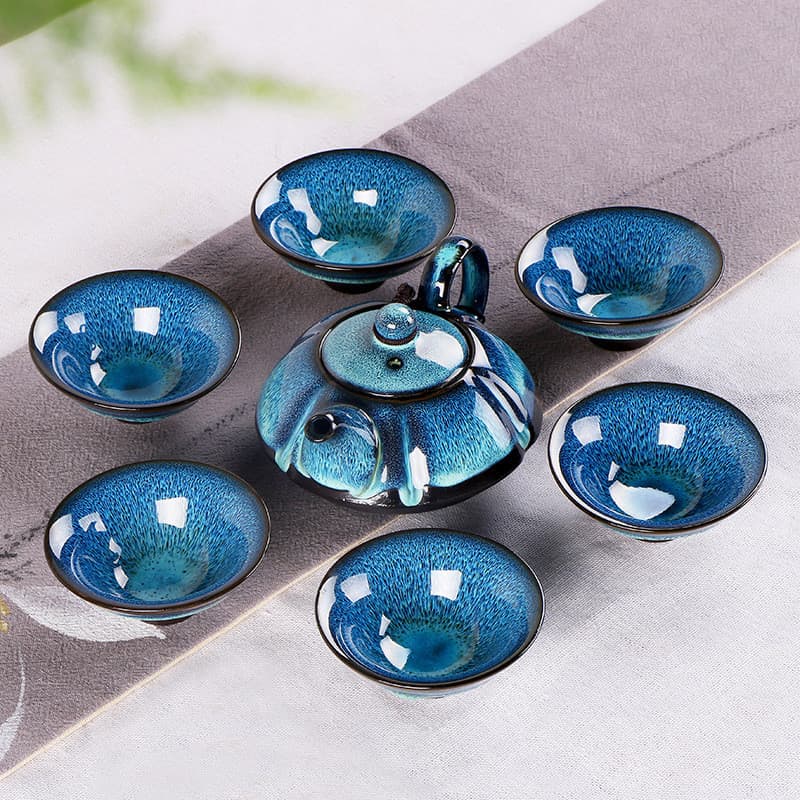 Conjunto de chá Jianzhan com seis xícaras, em esmalte com manchas de óleo, ideal para uso doméstico e como presente.