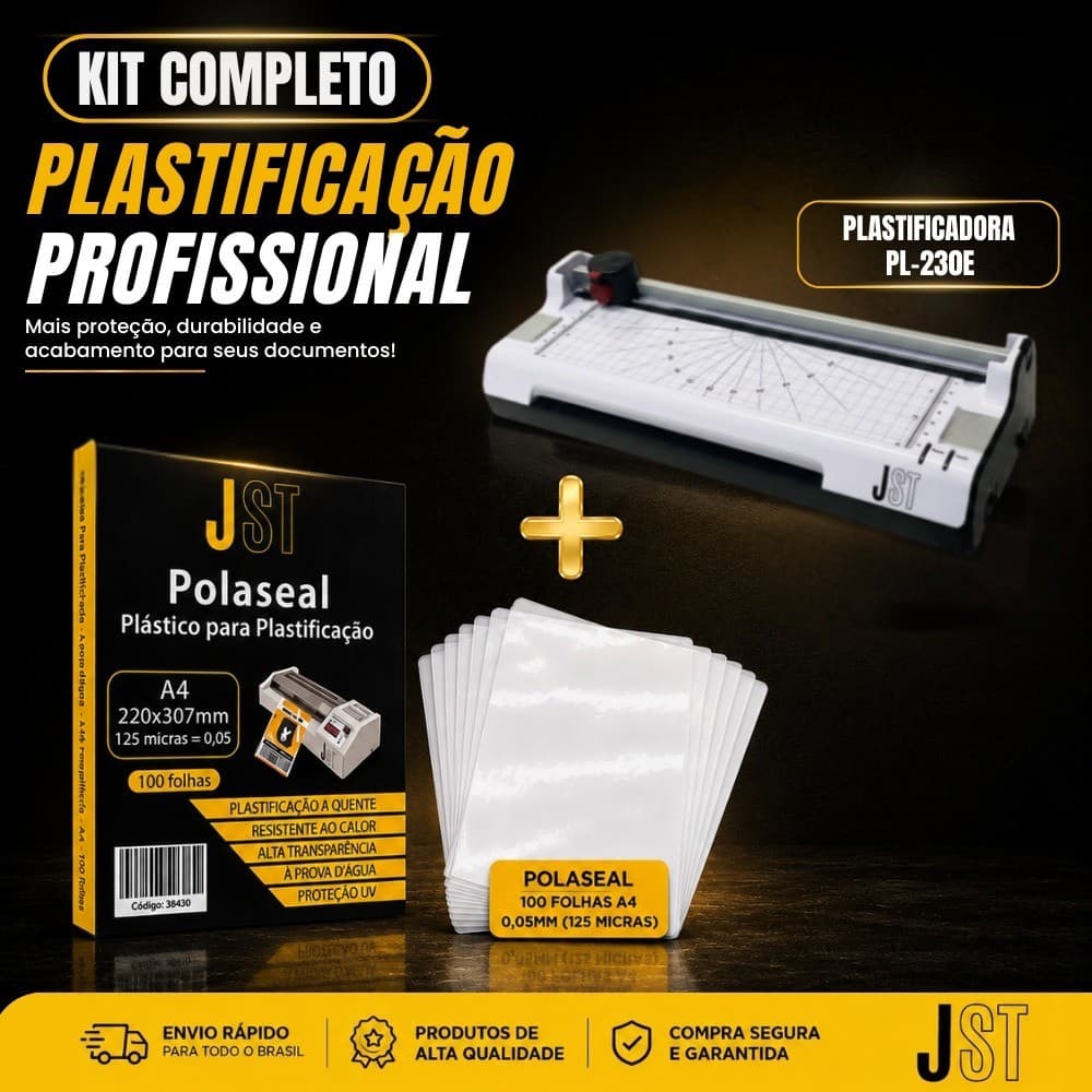 Kit Plastificadora JST PL-230E 220V + 100 Polaseal A4 125 Micras