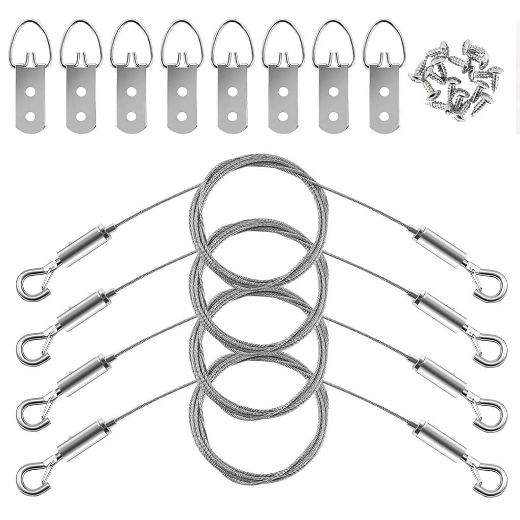 Kit de Suspensão para Quadros, 4 Peças de Cabo de Aço Inoxidável com Anel D, Suportes para Quadros com Parafusos, Kit de