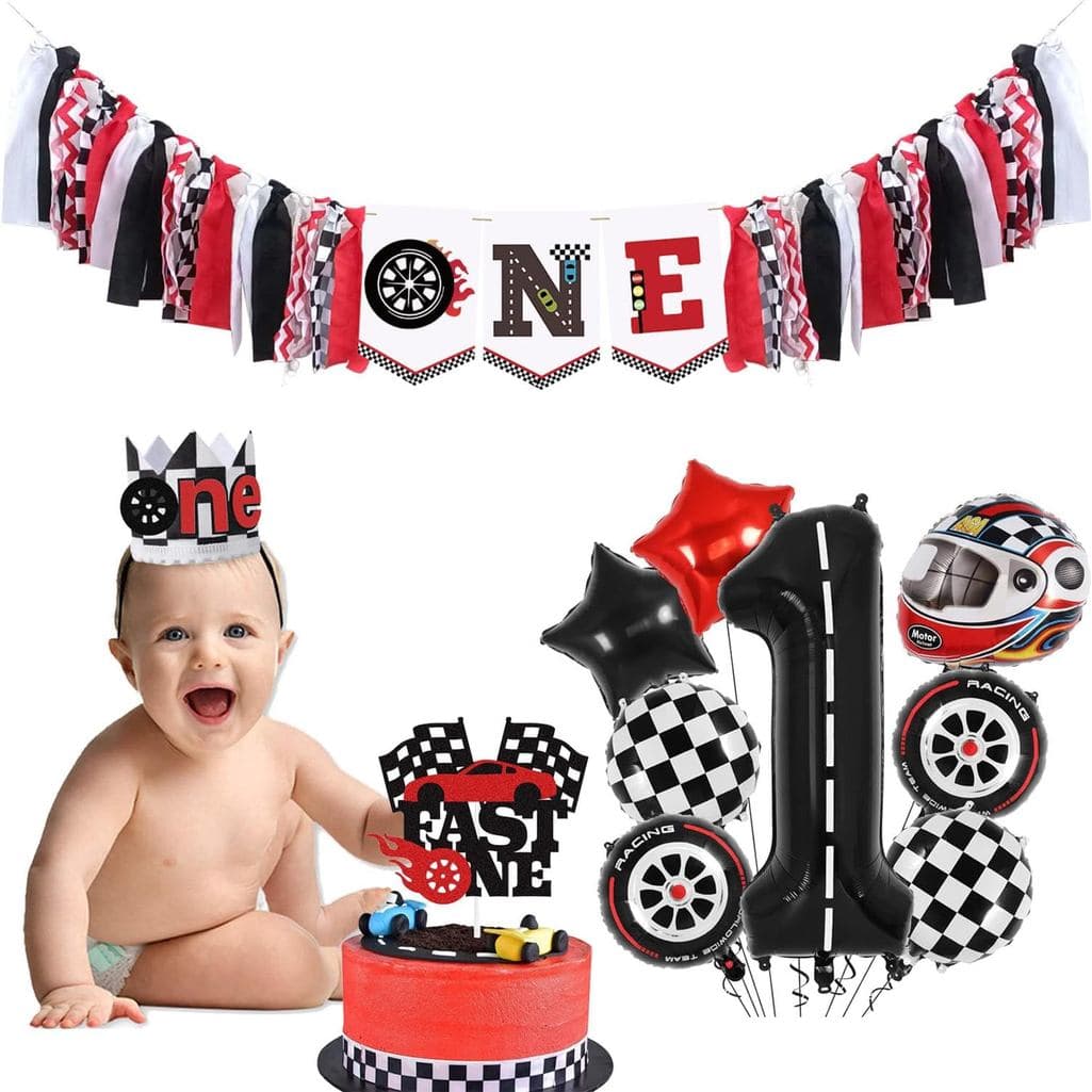 Race Car 1st Birthday High Chair Banner Boy 1st Bday Decorations Vintage Retro Race Car Balloons Fast One Cake Toppers C