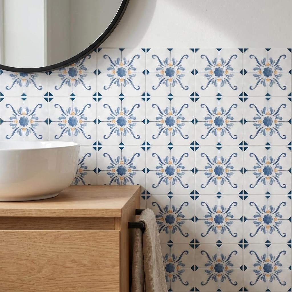 Pacote com 16 Adesivos de Azulejos Azuis e Dourados de 5,9 Polegadas, Vinil em Estilo Campestre Francês para Painéis de